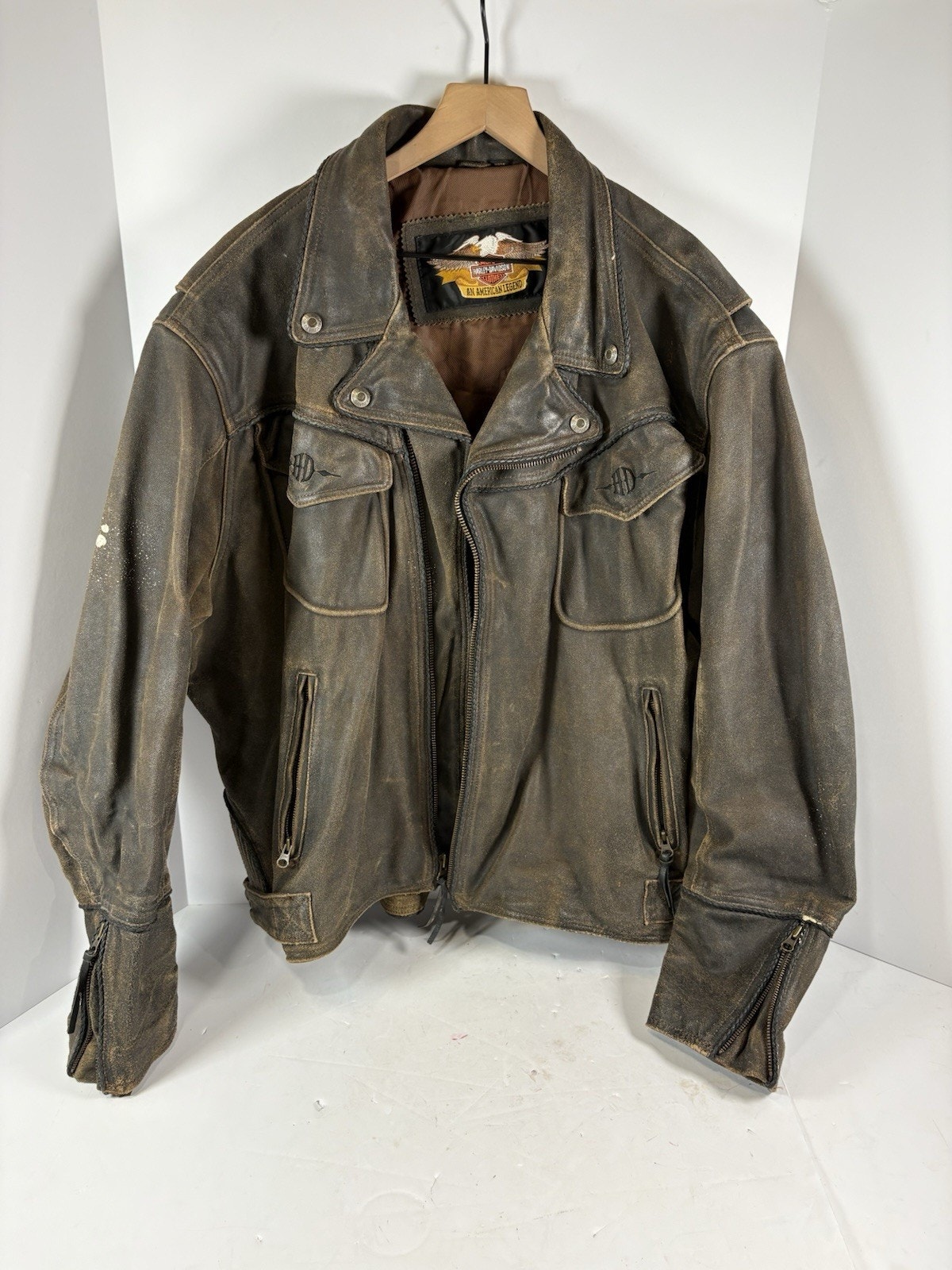 Harley Davidson Distressed Brown Leather Jacket Xxxl Embossed Wing Logo Biker